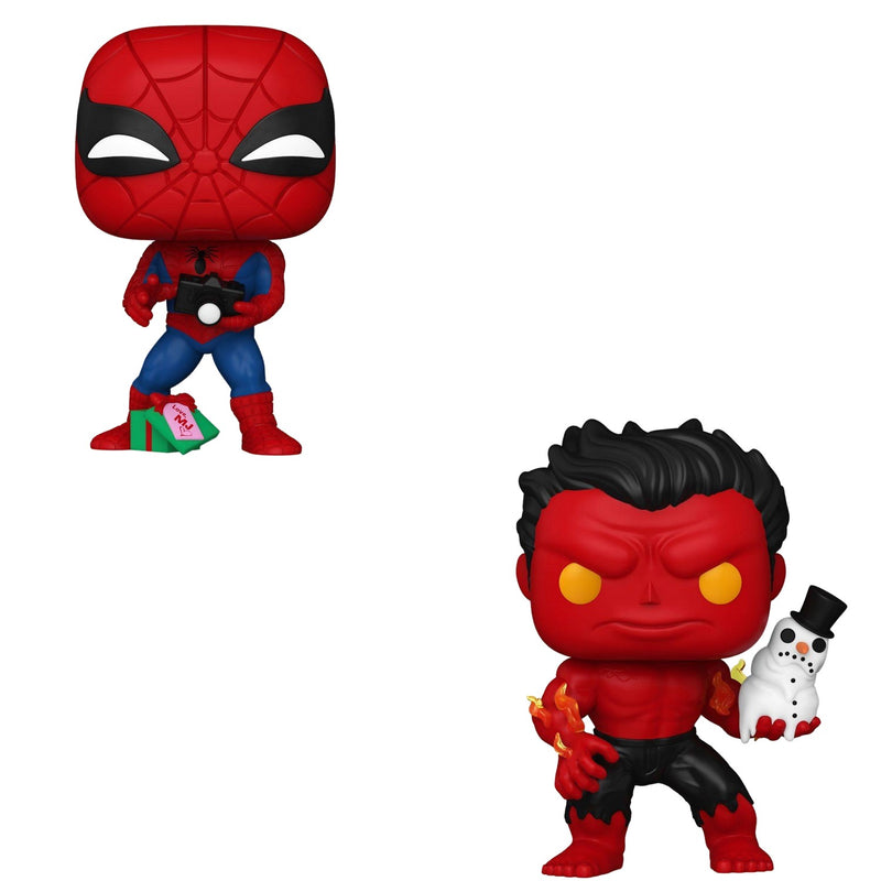 Funko Pop! 2 Pack Holiday Marvel - Spiderman with Open Gift #1441 & Red Hulk with Snowman #1439