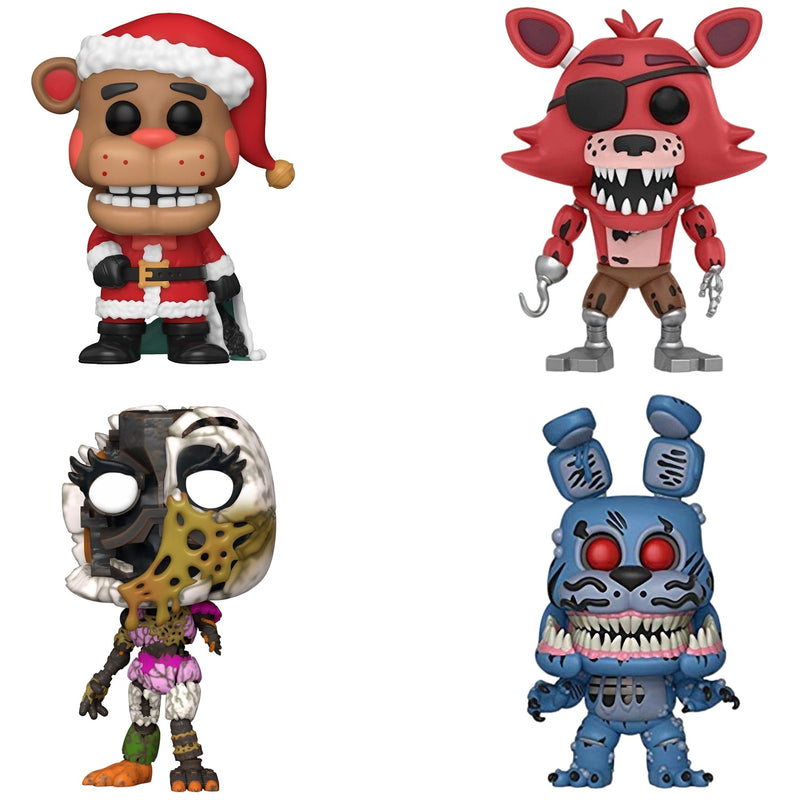 Funko Pop! 4 Pack Five Nights at Freddy's: Santa Freddy #936, Foxy the Pirate #109, Twisted Bonnie #17, Ruin Ruined Chica #986