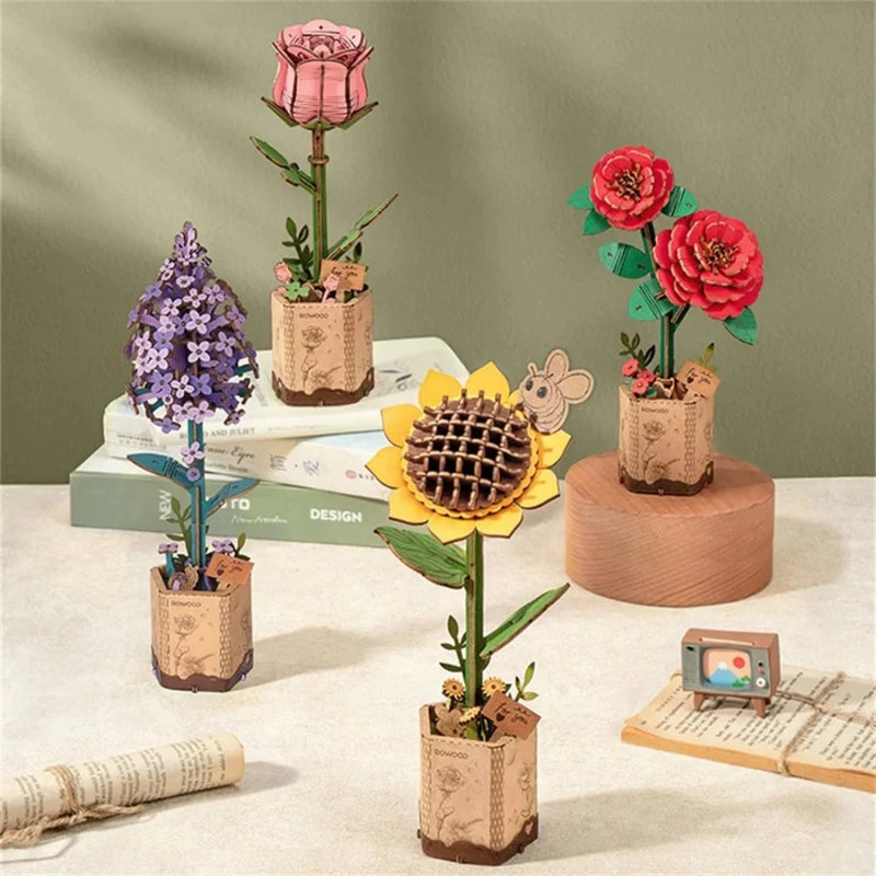 DIY 3D Wood Puzzle 4 Pack Flower Bouquet