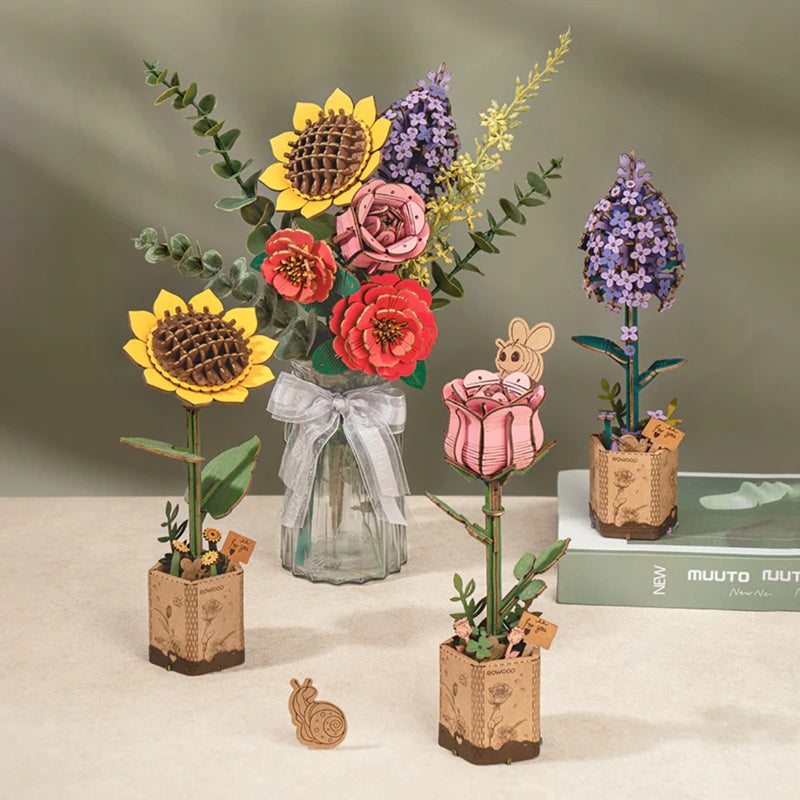 DIY 3D Wood Puzzle 4 Pack Flower Bouquet