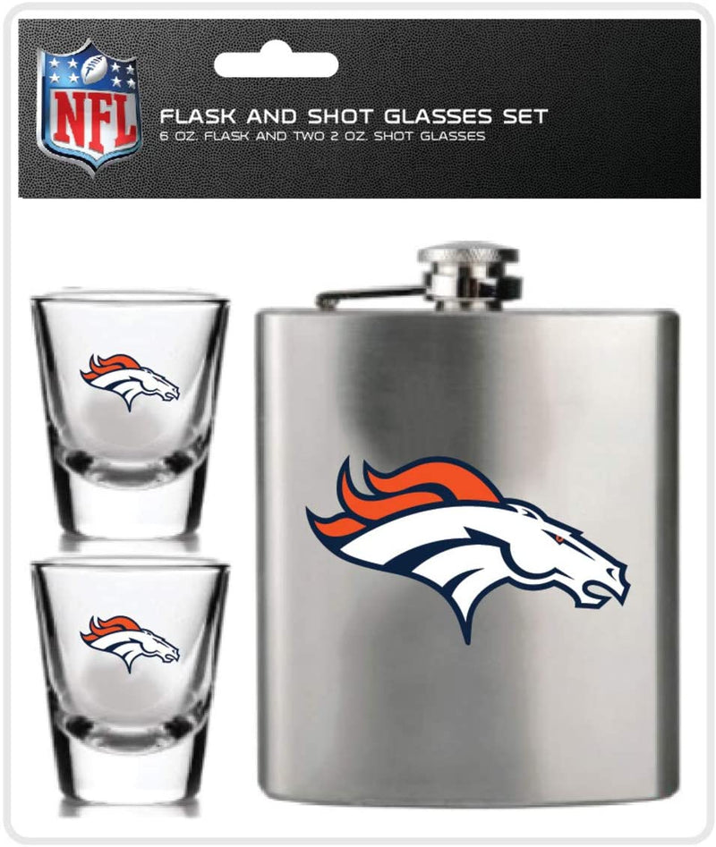 NFL Denver Broncos 6oz Flask Shot & 2oz Glasses Set, Stainless Steel - Flashpopup.com
