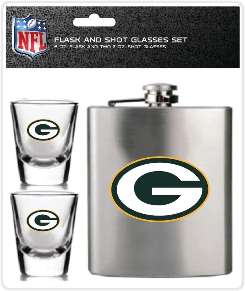 NFL Green Bay Packers 6oz Flask Shot & 2oz Glasses Set, Stainless Steel - Flashpopup.com