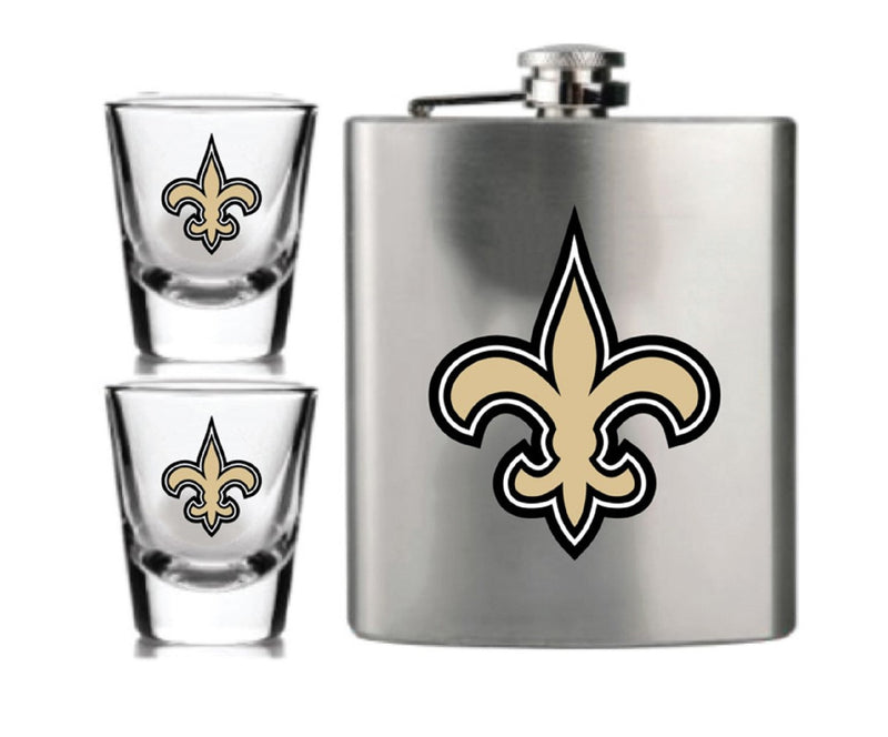 NFL New Orleans Saints 6oz Flask Shot & 2oz Glasses Set, Stainless Steel - Flashpopup.com