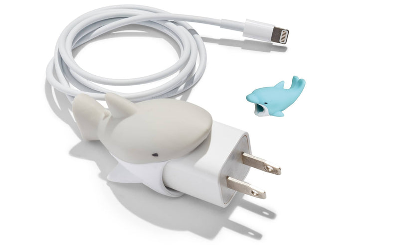 2pk iPhone Big Biter & Small Chomper Cable Protectors - Grey/White Shark & Dolphin - Flashpopup.com