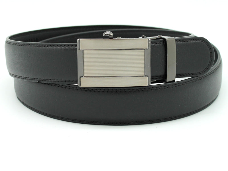 Men's Black Leather Belt with Rectangular Buckle Design - Flashpopup.com