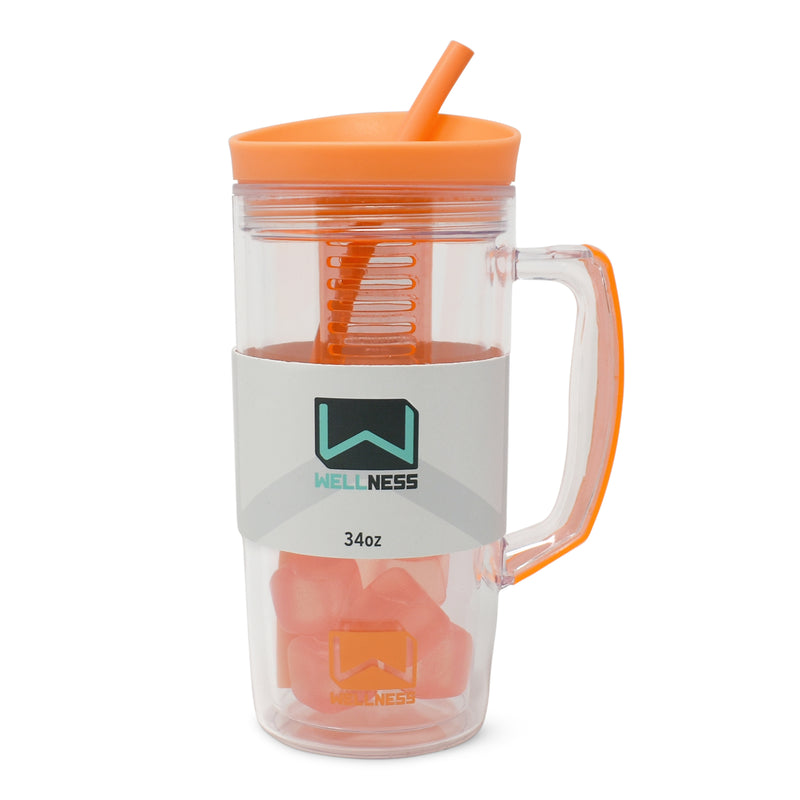 Wellness 34oz Orange Tumbler Cup, Drinking Straw & Cubes - Flashpopup.com