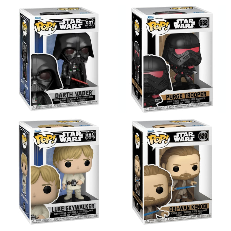 Funko Pop! 4 Pack Star Wars Bobble-Heads: Darth Vader, Purge Trooper, Luke Skywalker, Obi-Wan Kenobi #597, #632, #594, #629
