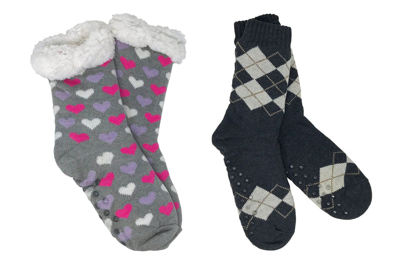 2 Pack Sherpa Socks - Gray Hearts, Gray Argyle - Flashpopup.com