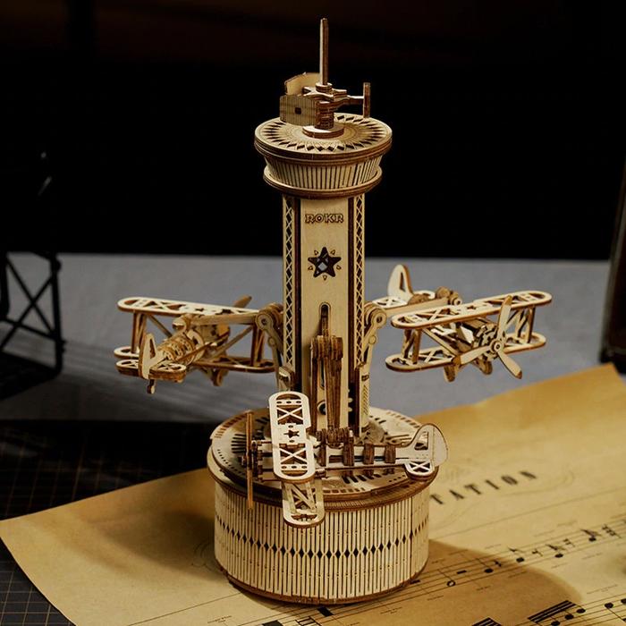 DIY 3D Wood Puzzle Music Box: Airplane Control Tower - 255 Pieces - Flashpopup.com