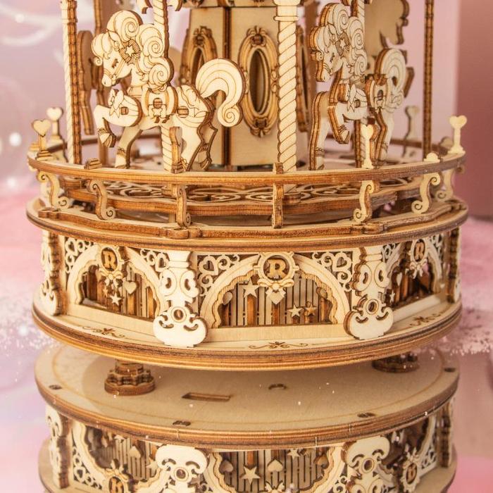 DIY 3D Wood Puzzle Music Box: Romantic Carousel - 336 Pieces - Flashpopup.com